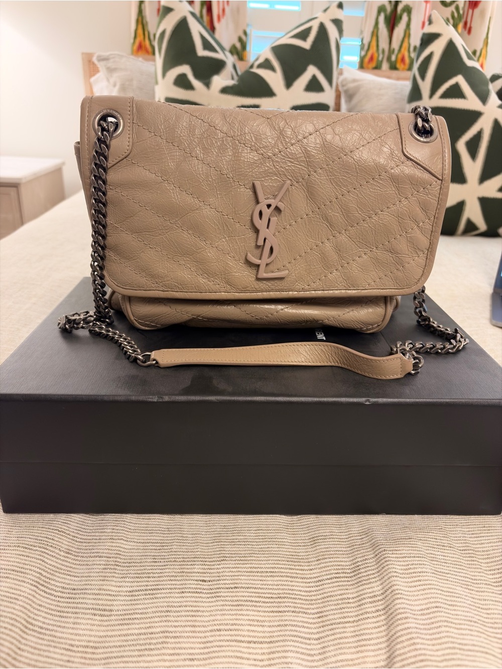 Yves Saint Laurent Taupe Quilted Leather Chain Shoulder Bag